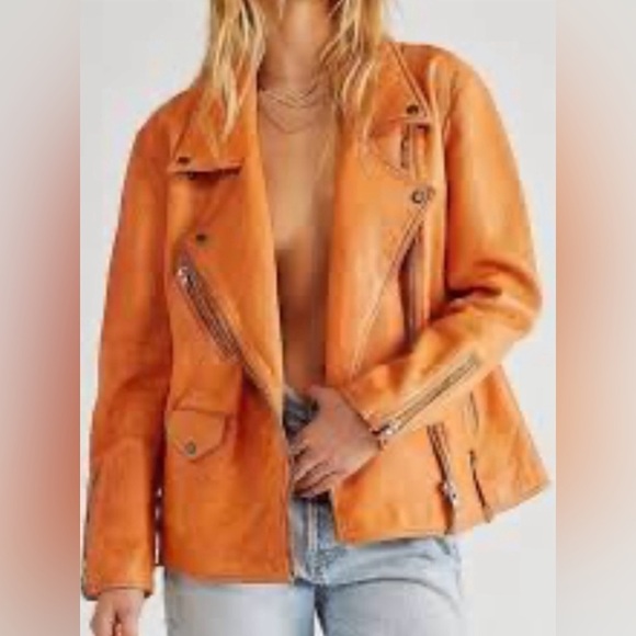 NWOT We The Free Jealousy Leather Moto Jacket M Tangerine Orange - Picture 3 of 14